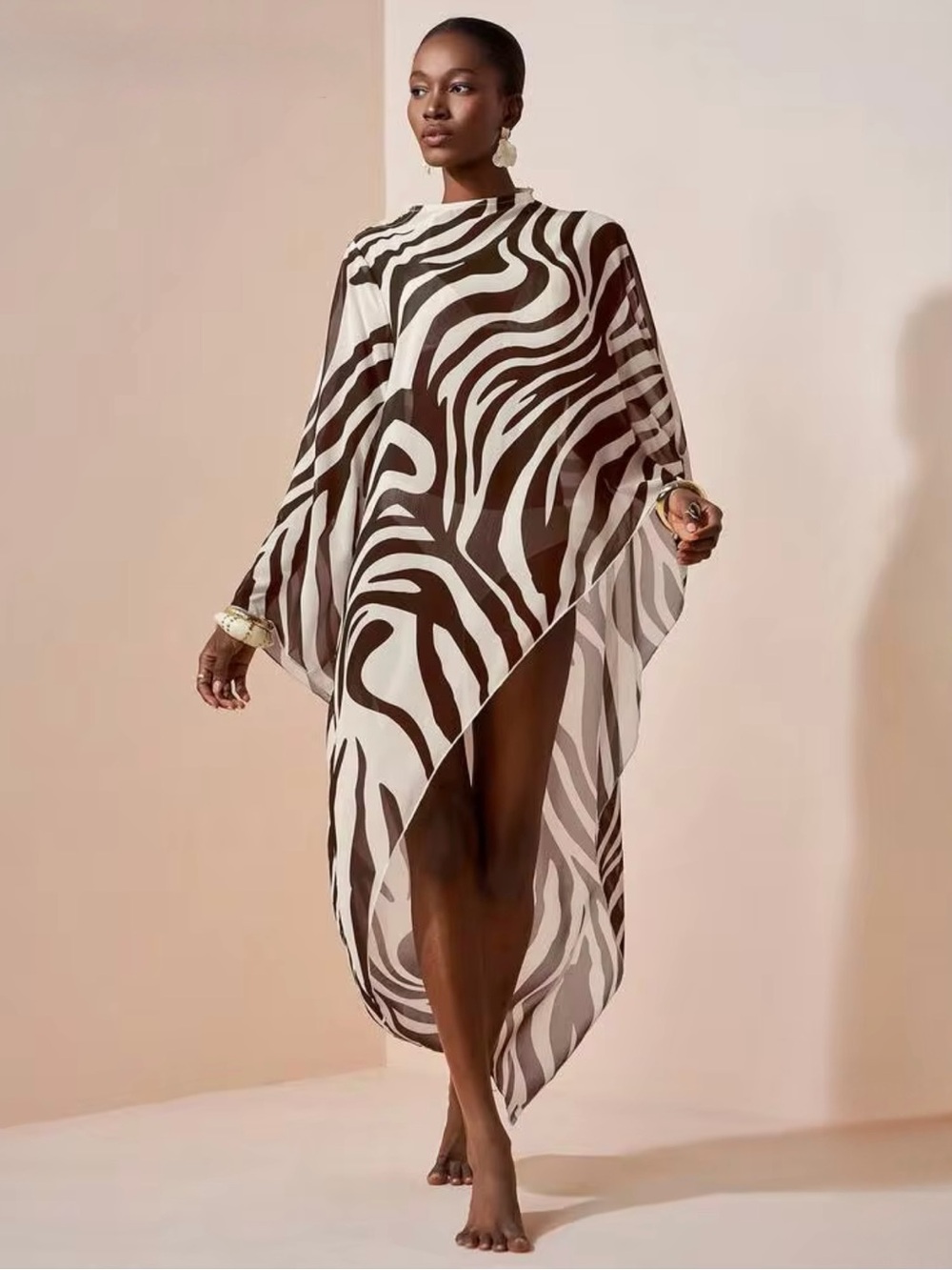 NEW SHEER ZEBRA DRAPED CAPE COVER UP KAFTAN SHAWL TOP HIGH LOW TUNIC ARITZIA